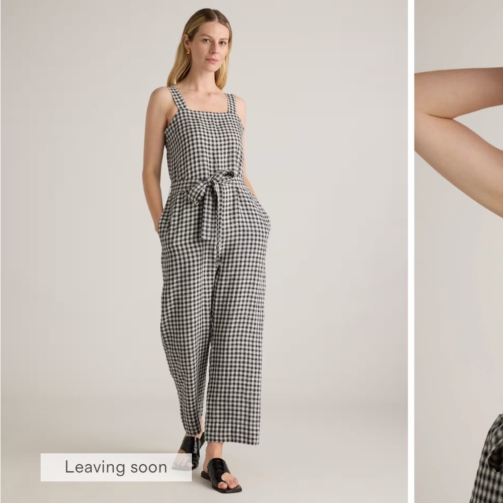 Quince Women's 100% European Linen Square Neck Jumpsuit Khaki Gingham Black XS